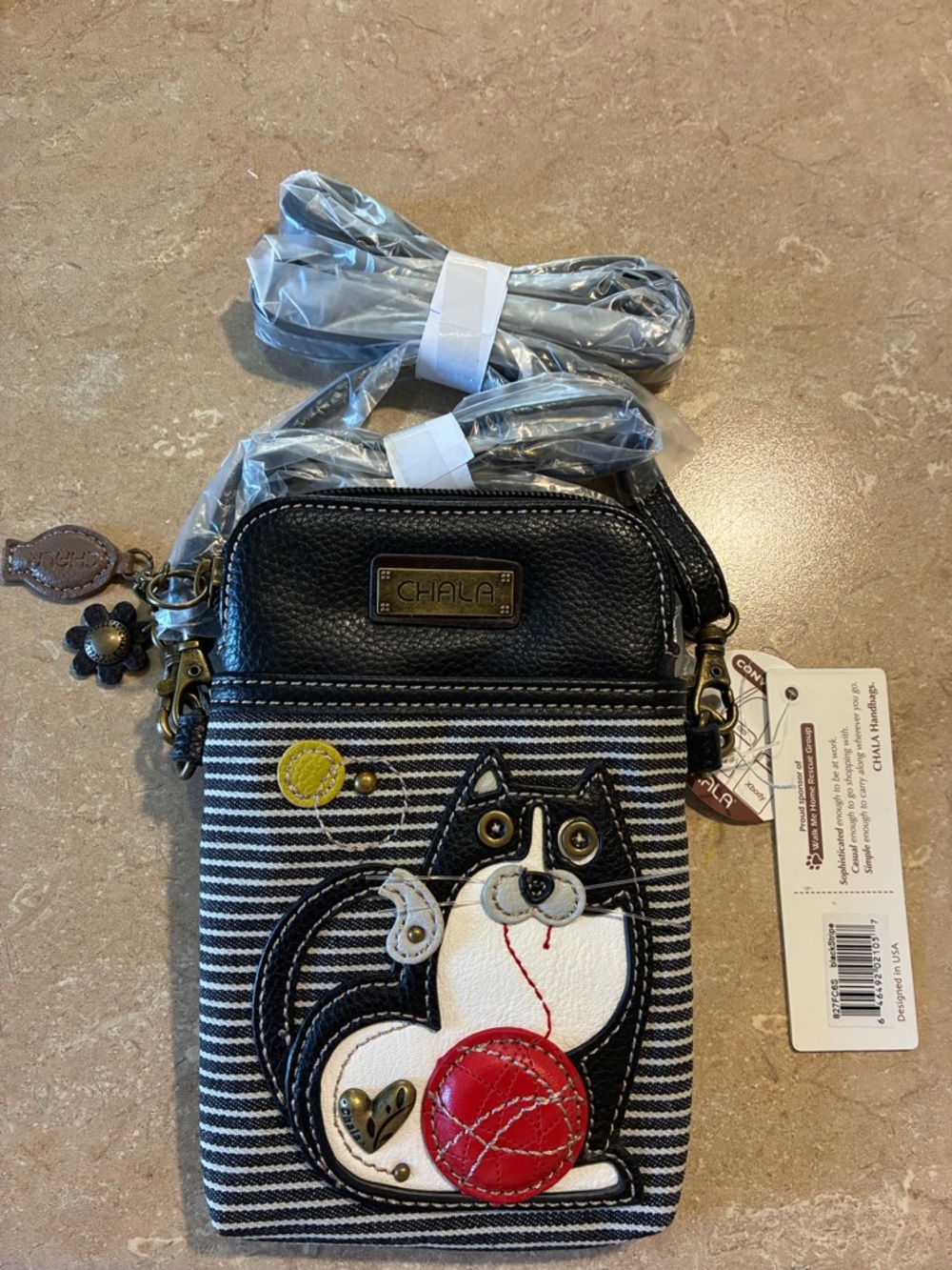 Chala Black & White Striped Crossbody with Red Accent Cat